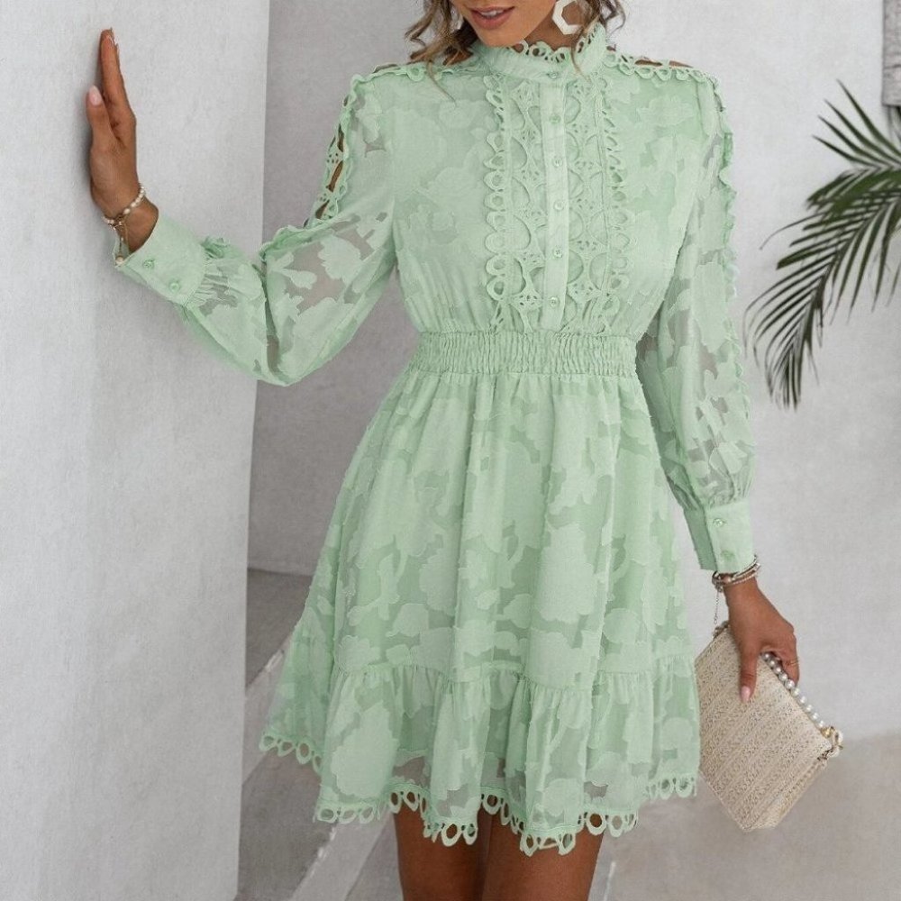 Plus & Reg Size mint green Lace Panel Long sleeve Shirred Waist Ruffle Hem Dress - Picture 4 of 7
